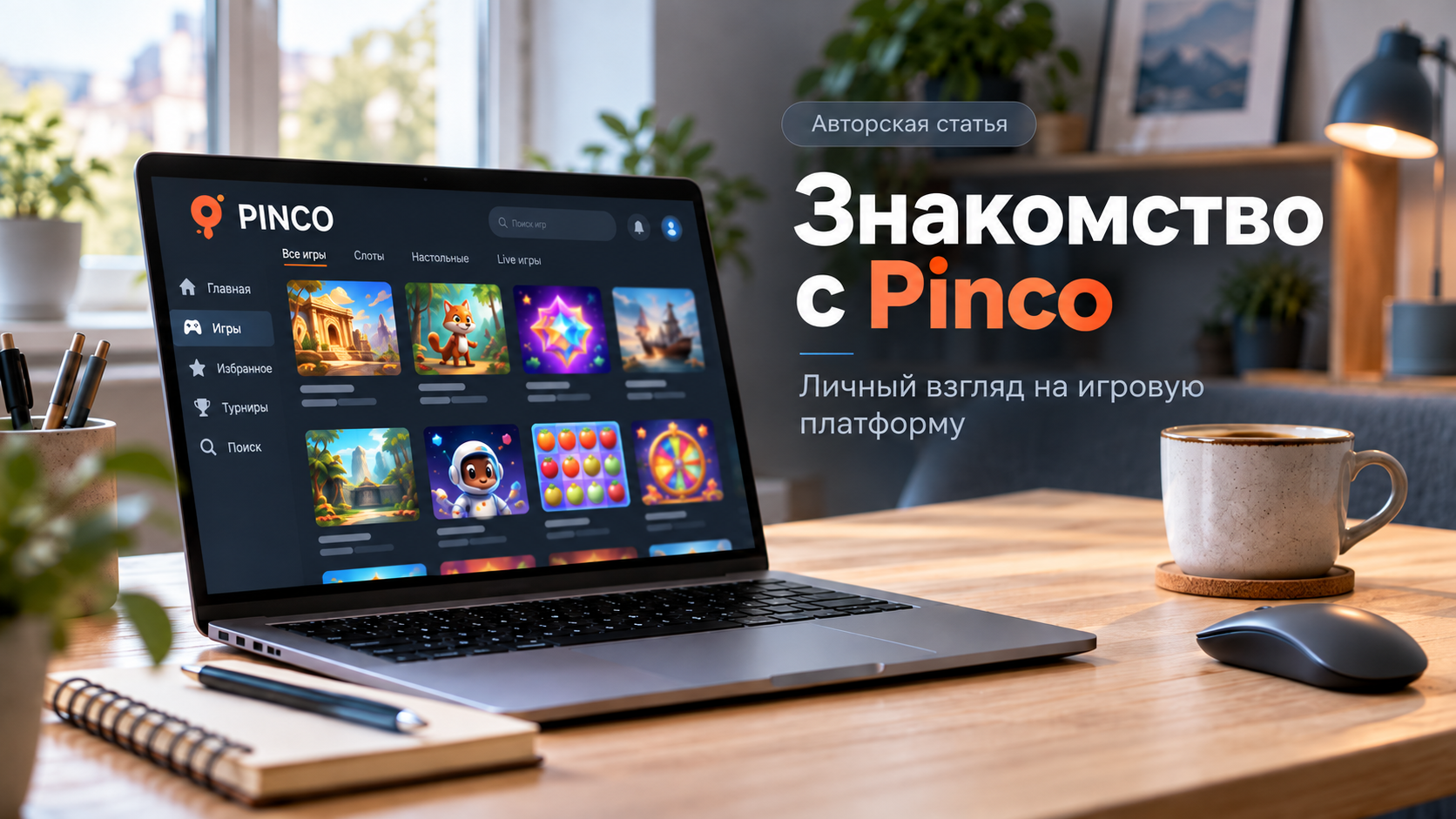 Ноутбук с каталогом игр на домашнем рабочем столе