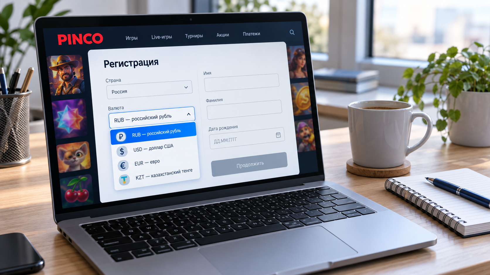 Выбор рублей в условной форме регистрации игровой платформы